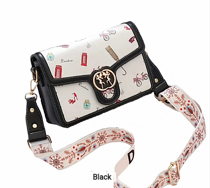 "かわいいバッグ✨ ロンドン風デザインのショルダーバッグ。ブラックカラーでおしゃれ＆実用的！