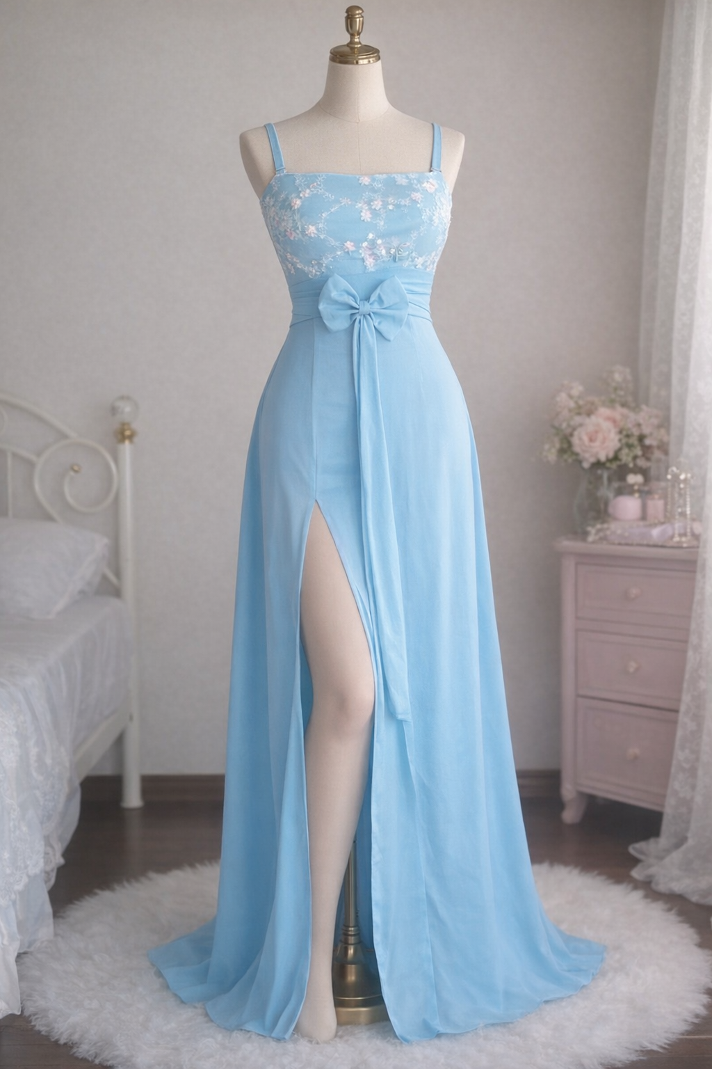 ハンドメイド ブルー マキシドレス｜刺繍レース × レーヨン素材