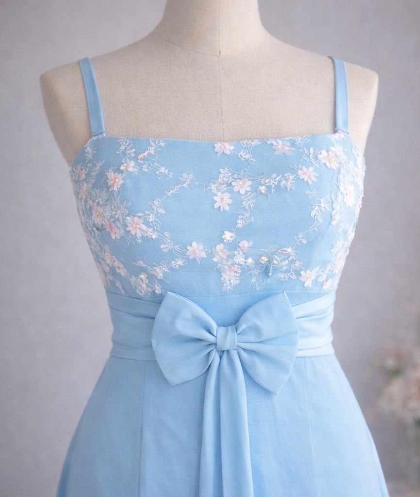 ハンドメイド ブルー マキシドレス｜刺繍レース × レーヨン素材