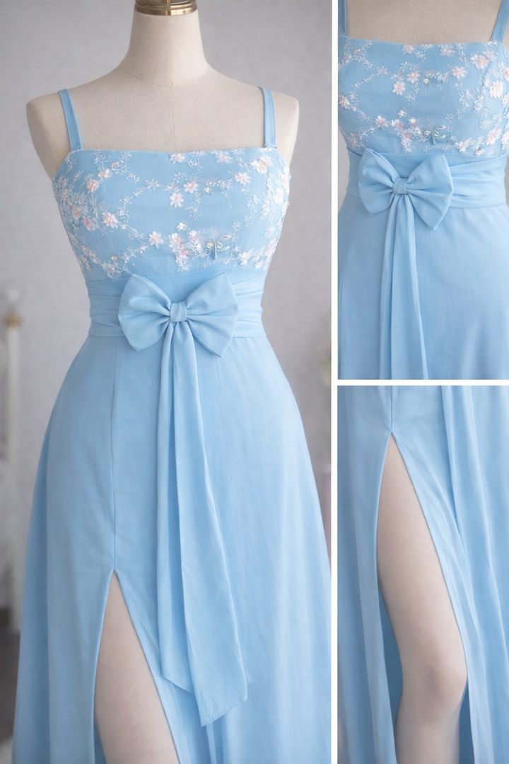 ハンドメイド ブルー マキシドレス｜刺繍レース × レーヨン素材