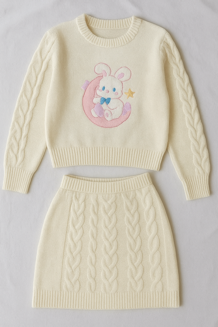 ¡Ternura y estilo! Conjunto de jersey y falda con estampado de conejos